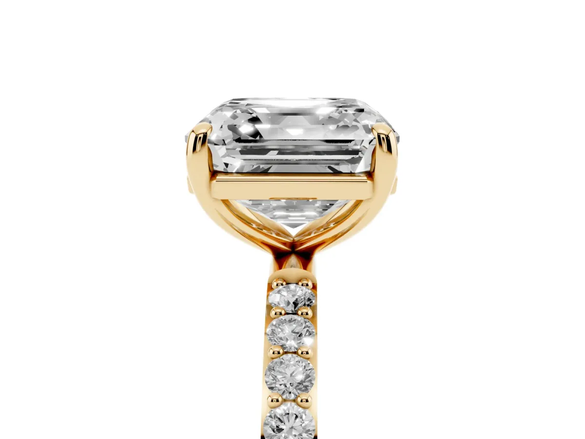 Asscher Cut Diamond Solitaire Ring with Round Pavé Band and Prong Setting Yellow gold