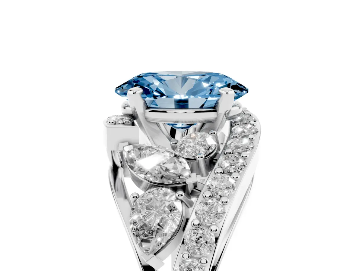 Fancy Blue Oval Cut Diamond Halo Ring with Marquise and Pavé Band in Prong Setting White gold