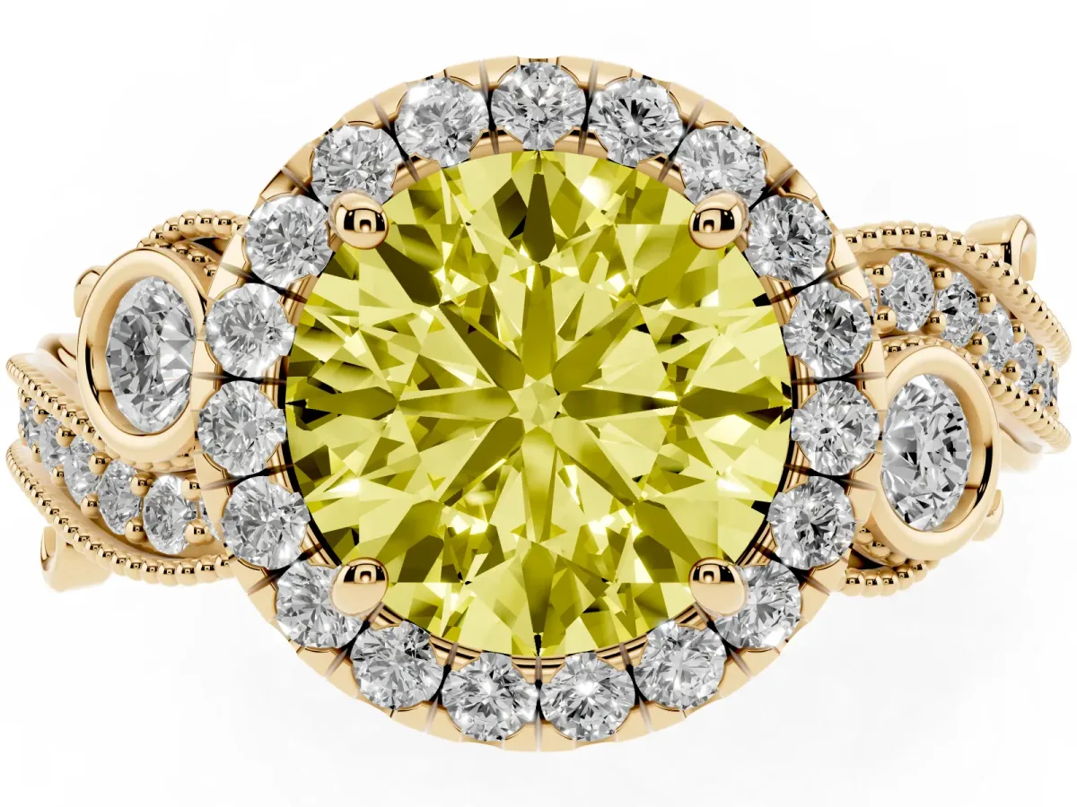 Fancy Yellow Round Cut Halo Diamond Ring with Milgrain and Bezel Accents on a Split Shank Band Yellow gold