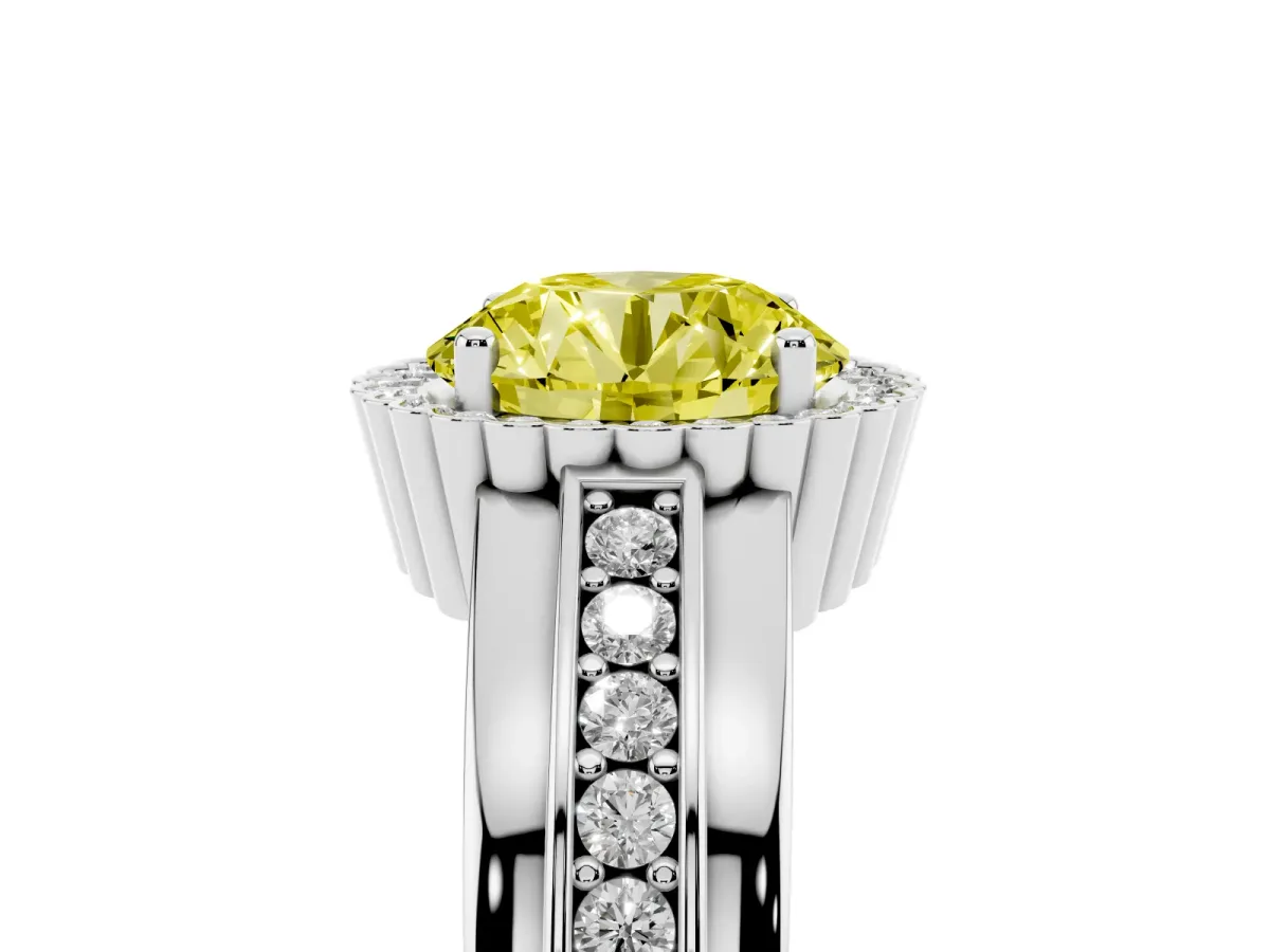 Fancy Yellow Round Cut Cut Halo Pave Band Four-Prong Ring Platinum
