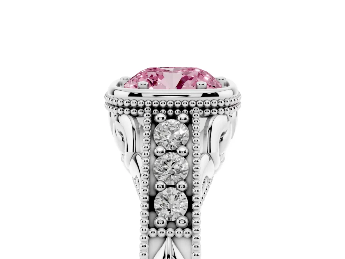 Fancy Pink Bezel Set Cushion Cut Diamond Milgrain Pave Engagement Ring Silver