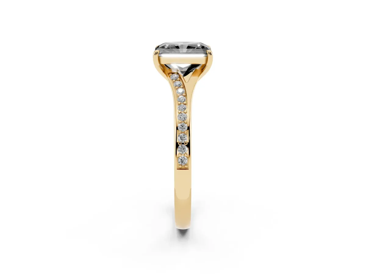Fancy Black Radiant Cut Diamond Solitaire Ring with Pavé Band and Prong Setting Yellow gold