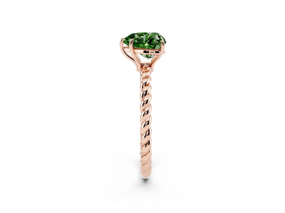 Fancy Green Heart Cut Solitaire Twist Band Ring with Four-Prong Setting Rose gold