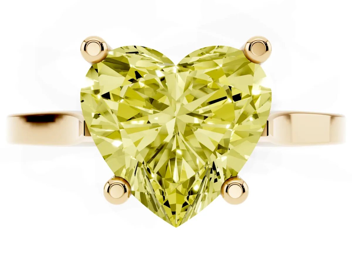 Fancy Yellow Heart Cut Solitaire Diamond Ring with Four-Prong Setting and Tapered Band Yellow gold
