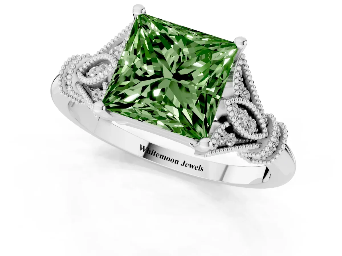Fancy Green Princess Cut Diamond Solitaire Ring with Floral Filigree and Pave Accents White gold