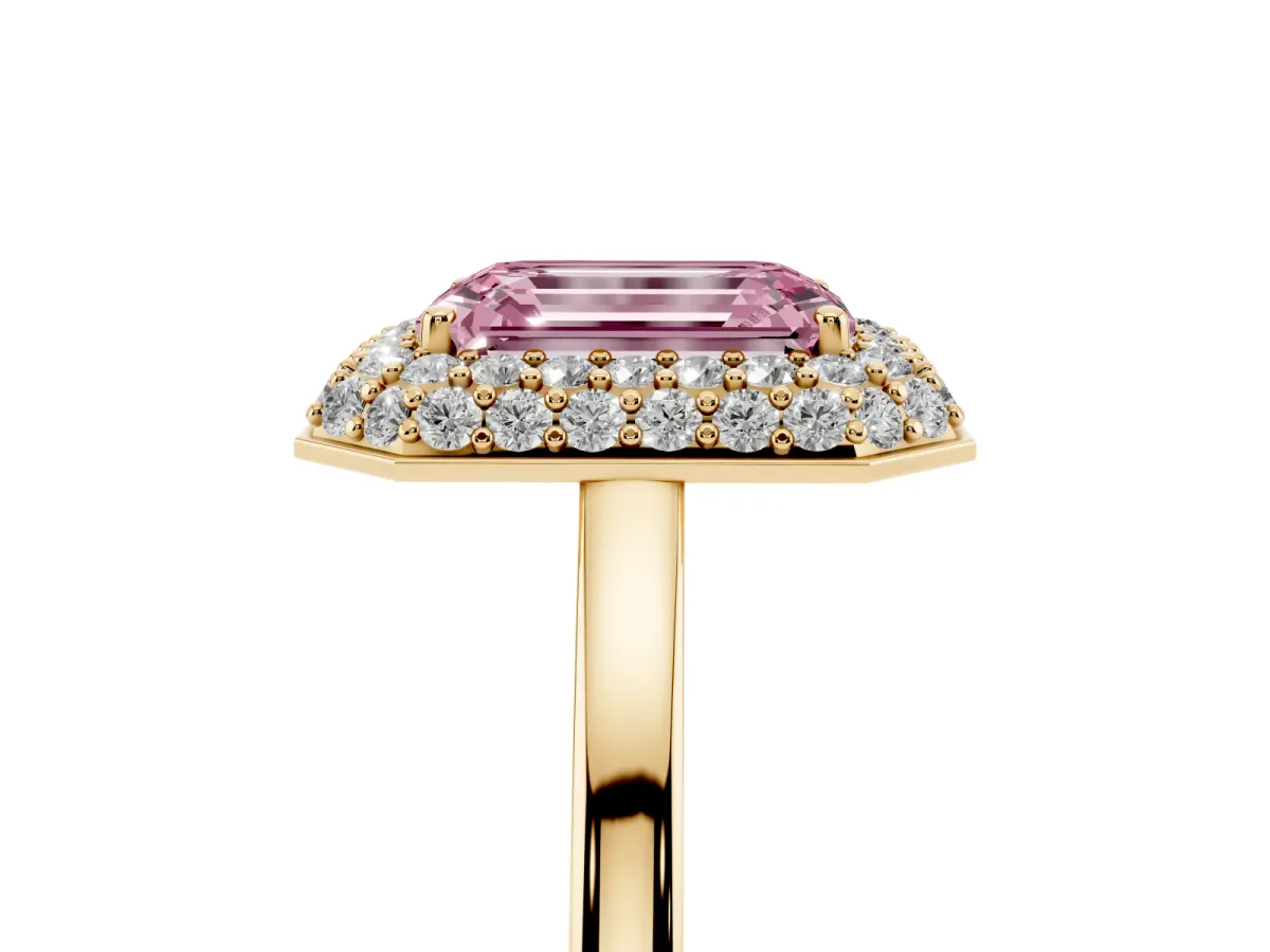 Fancy Pink Emerald Cut Halo Diamond Engagement Ring with Solitaire Band and Four-Prong Setting Yellow gold