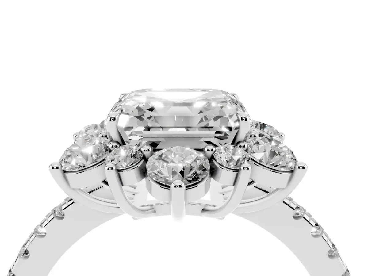 Asscher Cut Diamond Floral Halo Ring with Round Pavé Band and Prong Setting White gold