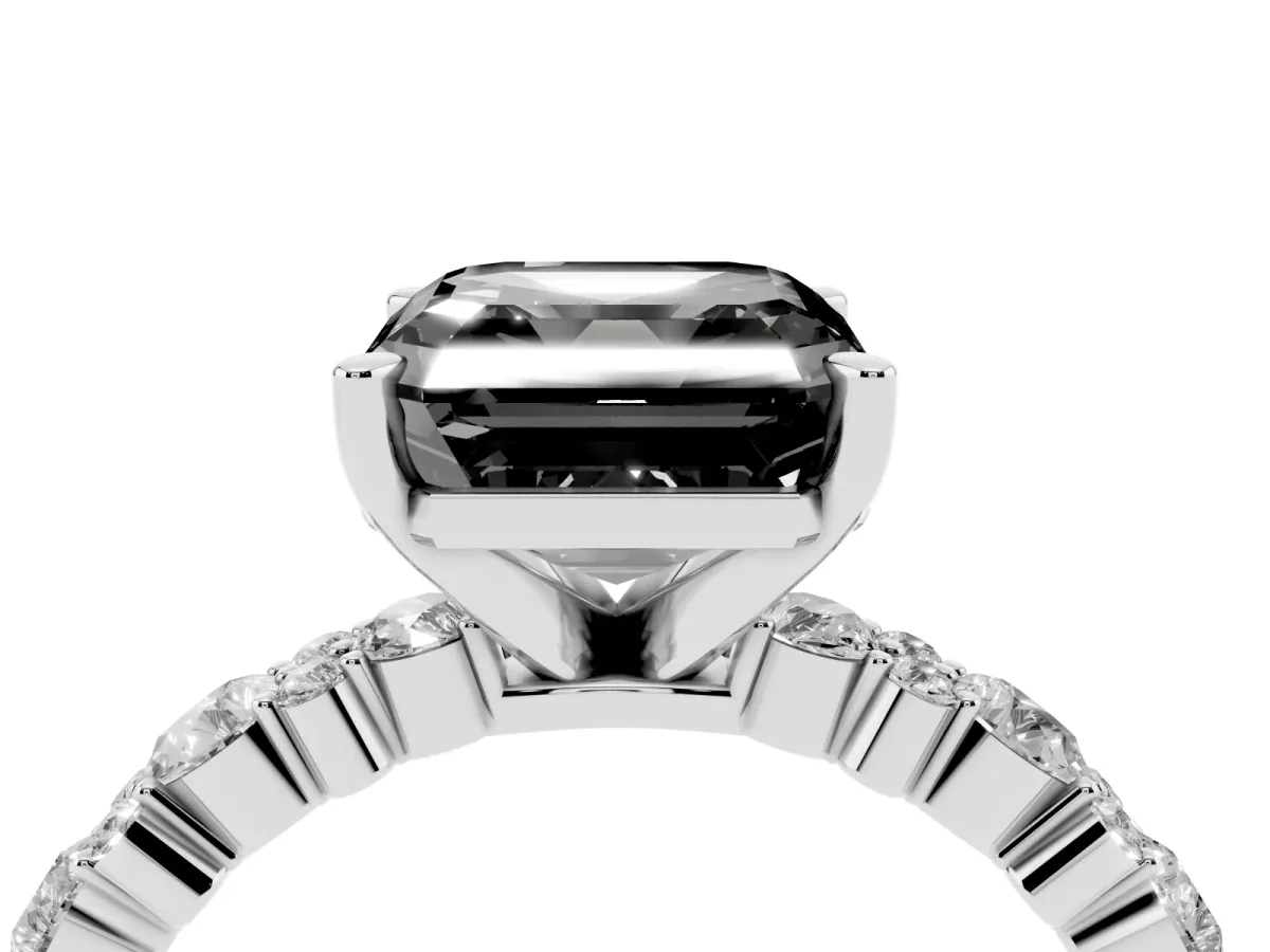 Fancy Black Asscher Cut Diamond Side Stone Solitaire Ring with Round and Four-Prong Setting Platinum