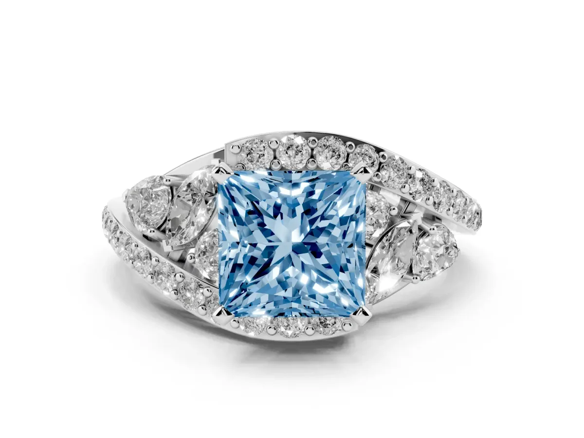 Fancy Blue Princess Cut Diamond Halo Ring with Marquise and Pavé Band in Prong Setting White gold