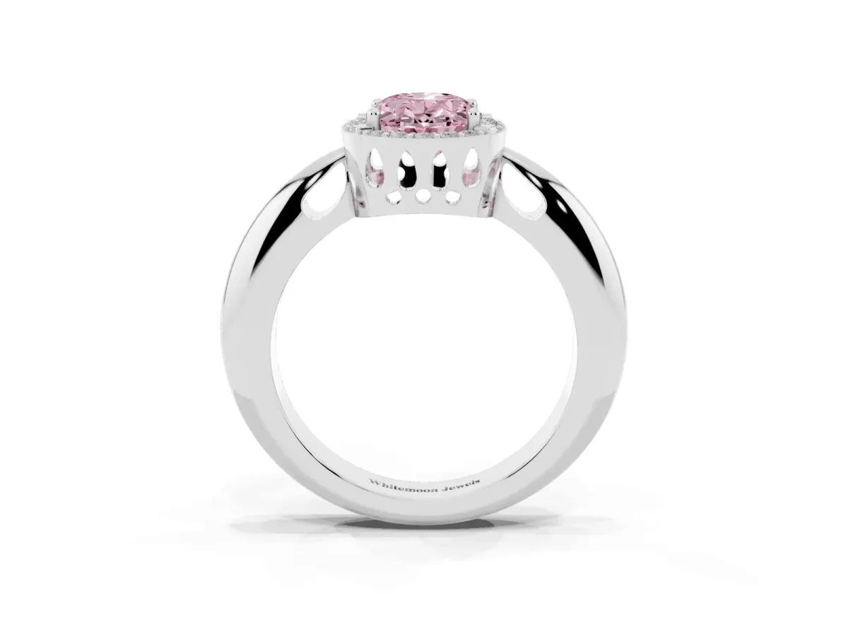 Fancy Pink Oval Cut Cut Diamond Halo Engagement Ring with Split Shank and Four-Prong Setting Silver