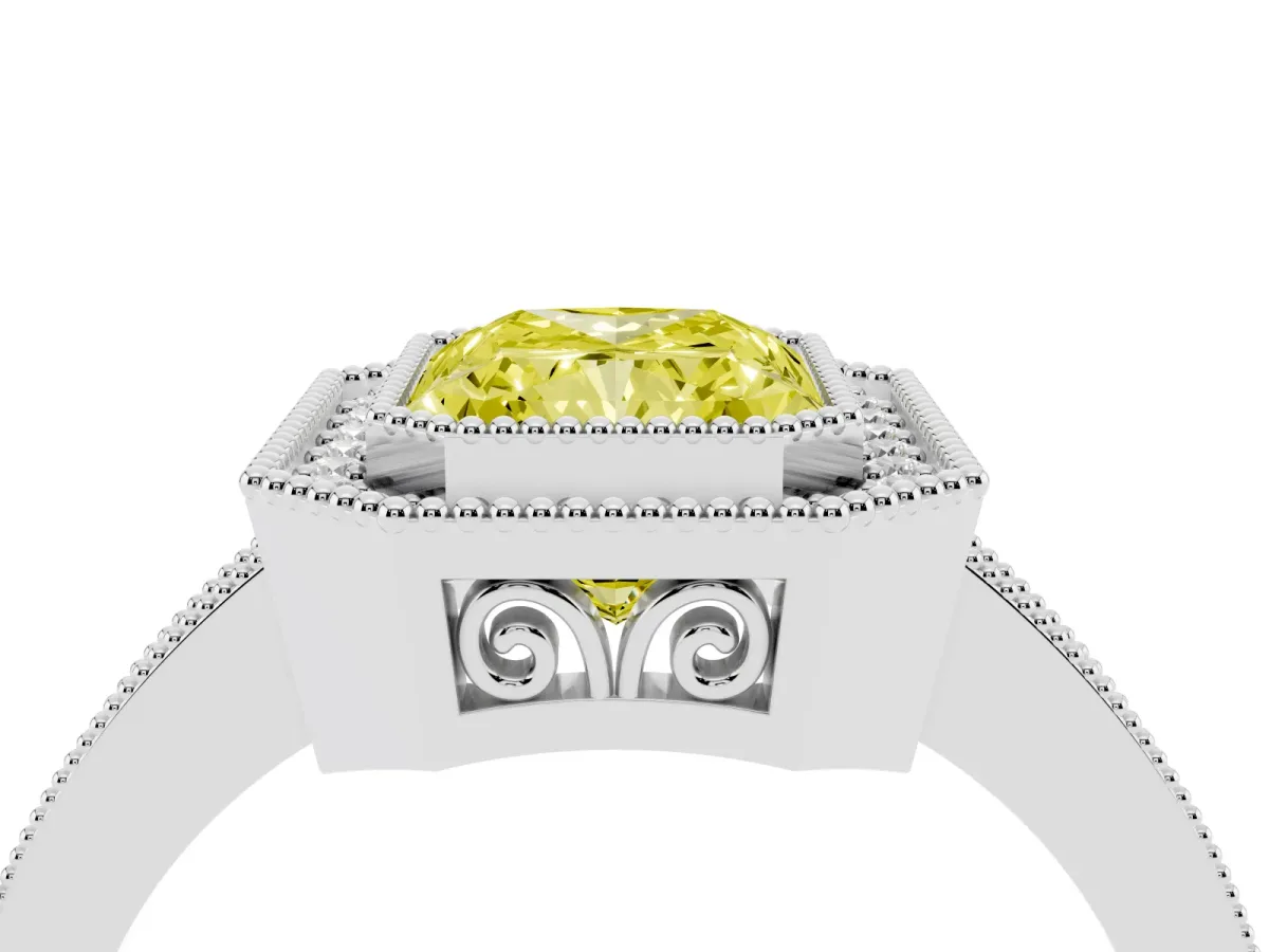 Fancy Yellow Radiant Cut Cut Halo Diamond Ring with Pavé Band and Milgrain Prong Setting Platinum
