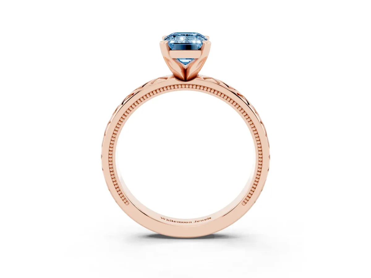 Fancy Blue Emerald Cut Solitaire Diamond Ring with Milgrain and Black Enamel X Pattern Band Rose gold