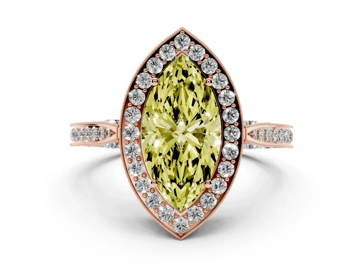 Fancy Yellow Marquise Cut Halo Diamond Engagement Ring with Split Shank Band and Four-Prong Setting Rose gold