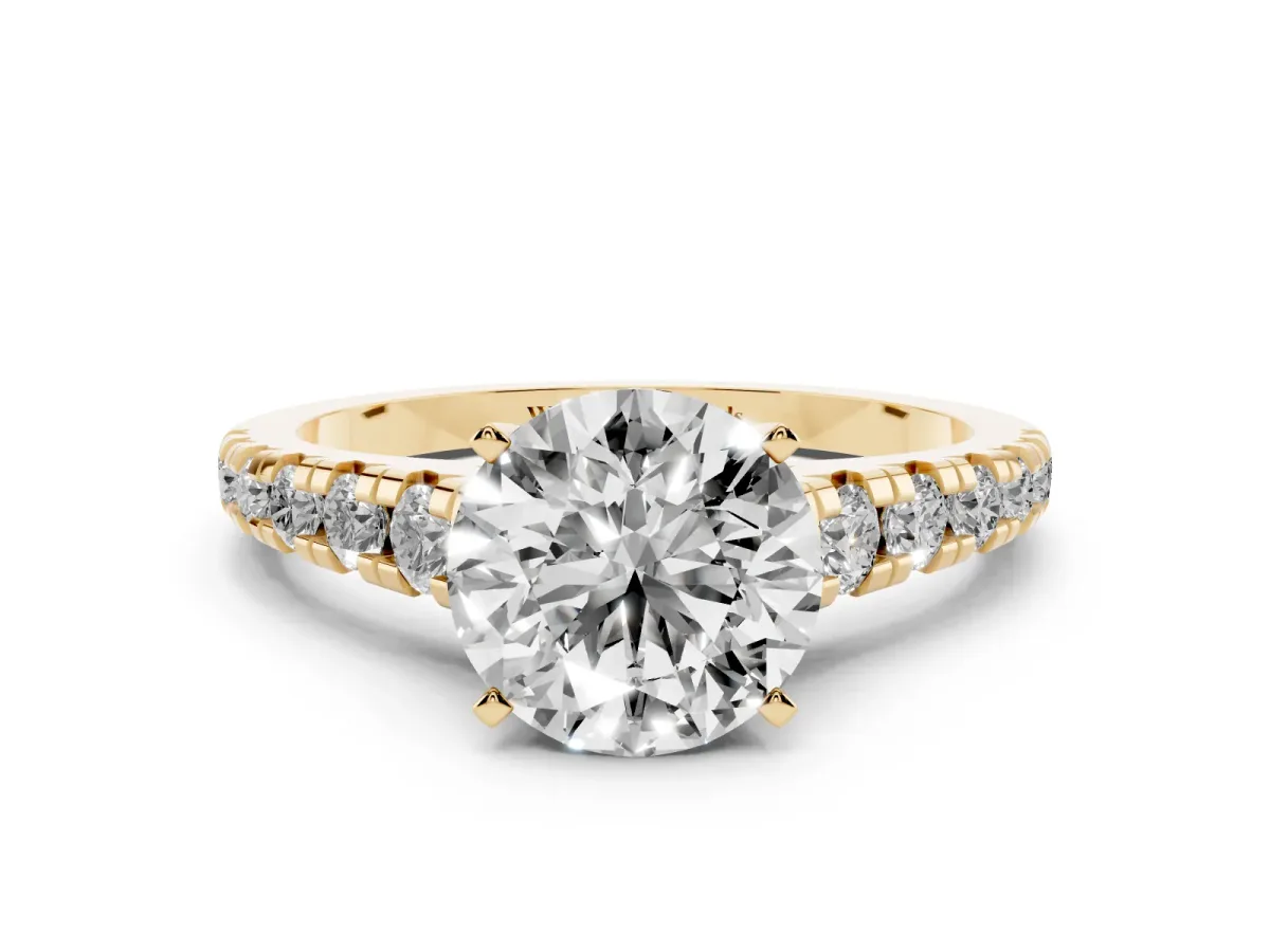 Round Cut Diamond Cathedral Solitaire Ring with Round Pavé Band Yellow gold