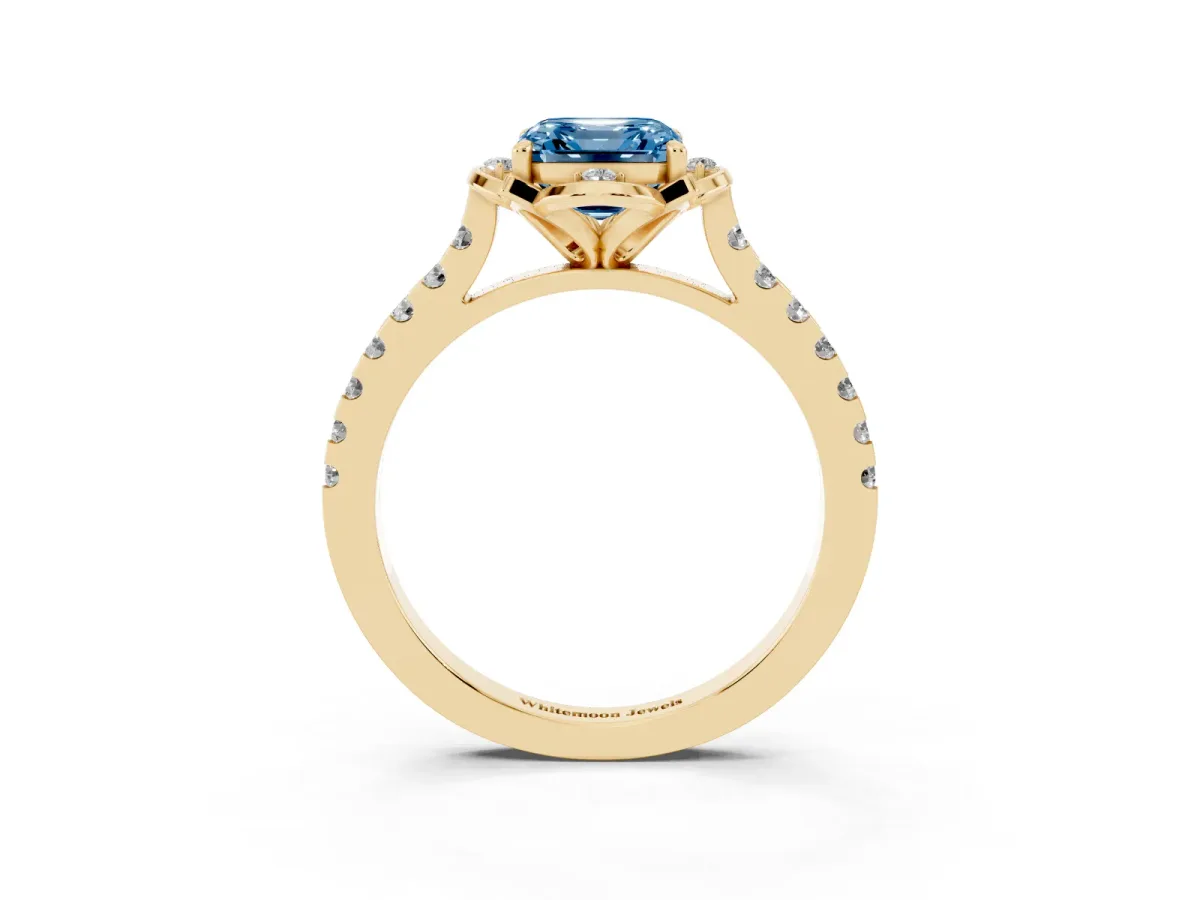 Fancy Blue Asscher Cut Diamond Ring with Pavé Band and Floral Prong Setting Yellow gold