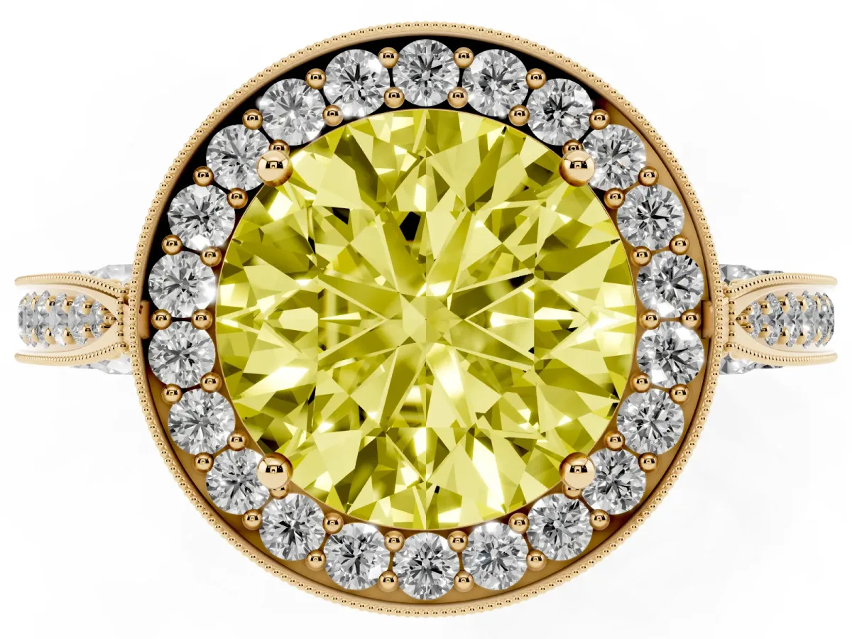 Fancy Yellow Round Cut Halo Diamond Engagement Ring with Split Shank Band and Four-Prong Setting Yellow gold