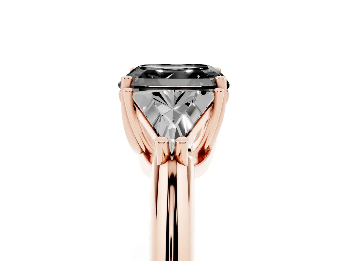 Fancy Black Three-Stone Asscher Cut Diamond Engagement Ring with Trillion Side Stones and Prong Setting Rose gold