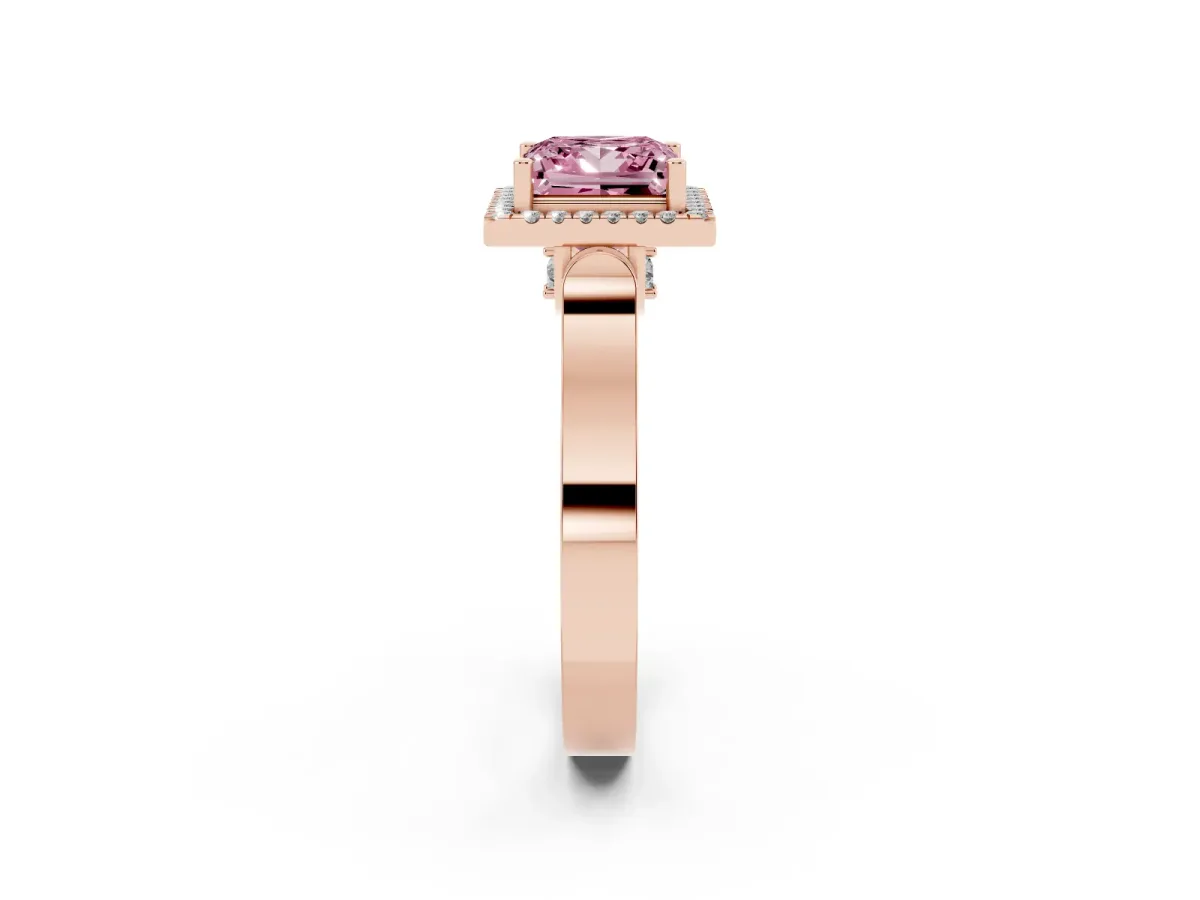 Fancy Pink Princess Cut Halo Round Diamond Twist Band with Four-Prong Setting Rose gold