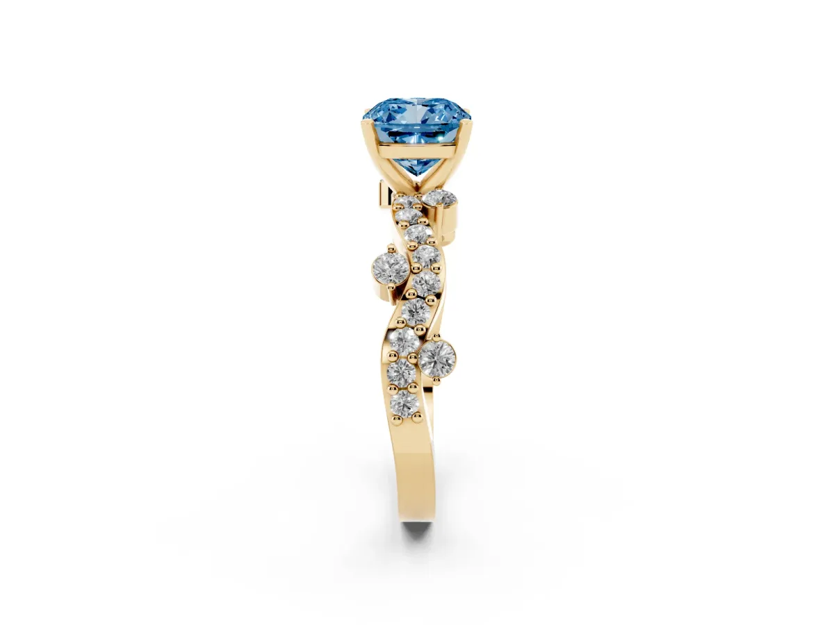 Fancy Blue Cushion Cut Cut Solitaire Diamond Twisted Band with Pave Setting Yellow gold