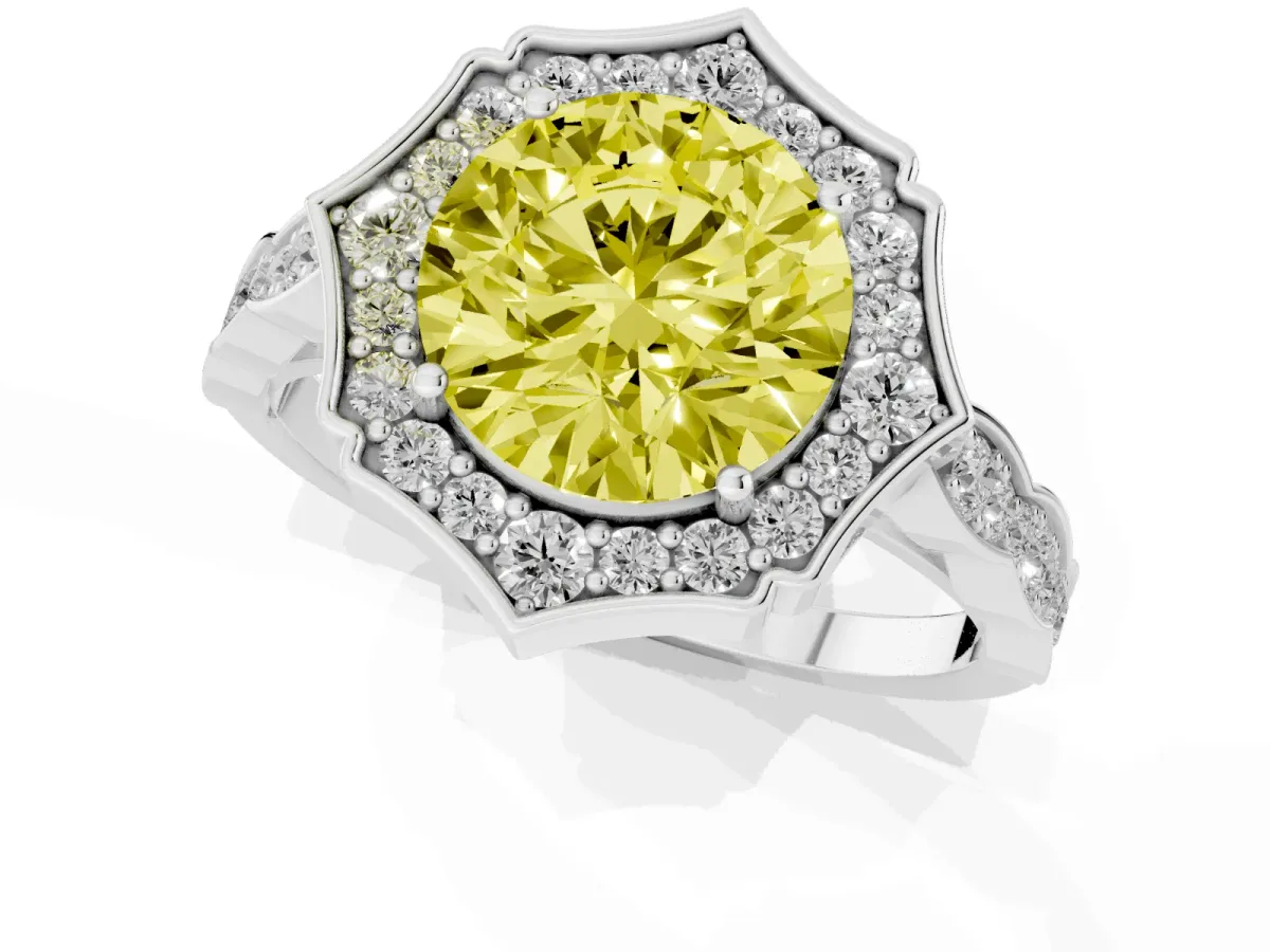 Fancy Yellow Round Cut Halo Diamond Engagement Ring with Milgrain Band and Four-Prong Setting Platinum