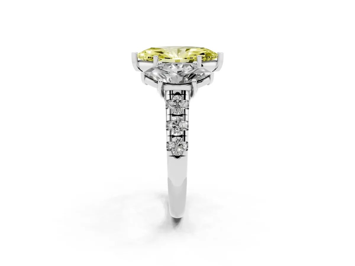Fancy Yellow Three-Stone Marquise Cut Diamond Pavé Band with Prong Setting Silver