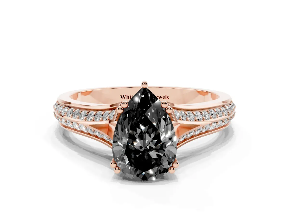 Fancy Black Pear Cut Diamond Split Shank Engagement Ring with Pavé Band Rose gold