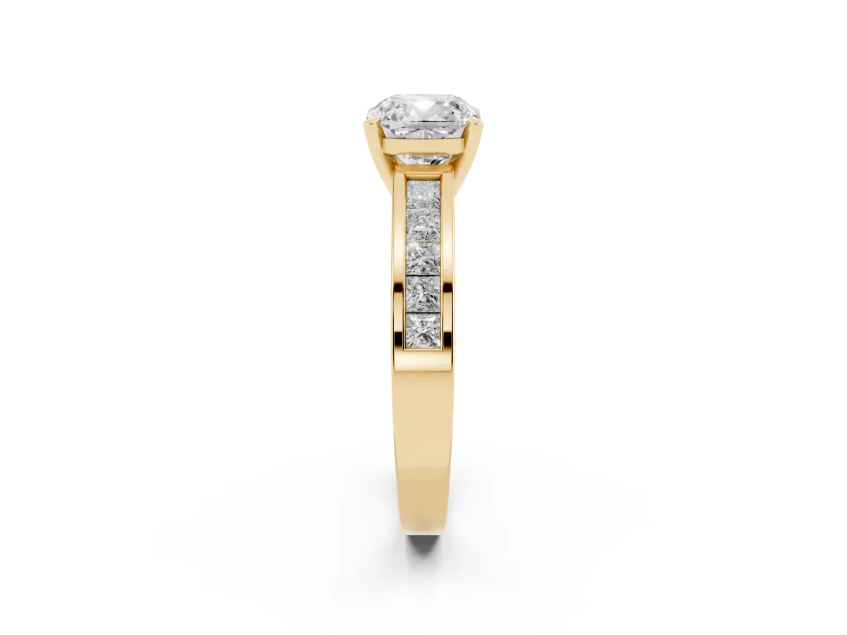 Cushion Cut Solitaire Diamond Ring with Channel-Set Band and Four-Prong Setting Yellow gold
