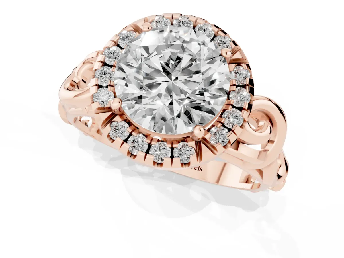 Round Cut Cut Halo Diamond Ring with Scrollwork Band and Four-Prong Setting Rose gold