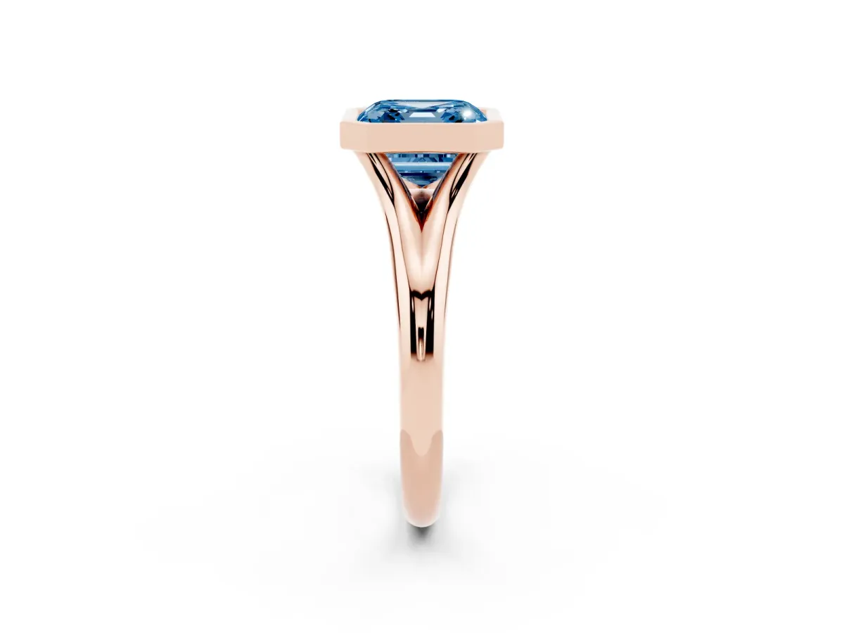 Fancy Blue Bezel Set Asscher Cut Solitaire Diamond Ring with Smooth Band Rose gold