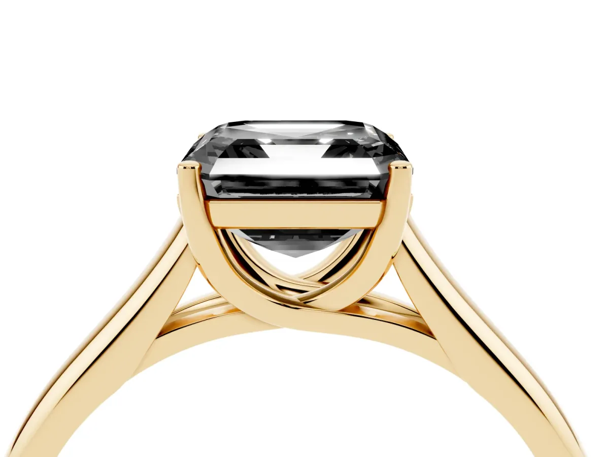 Fancy Black Asscher Cut Solitaire Engagement Ring with Tapered Band and Four-Prong Setting Yellow gold