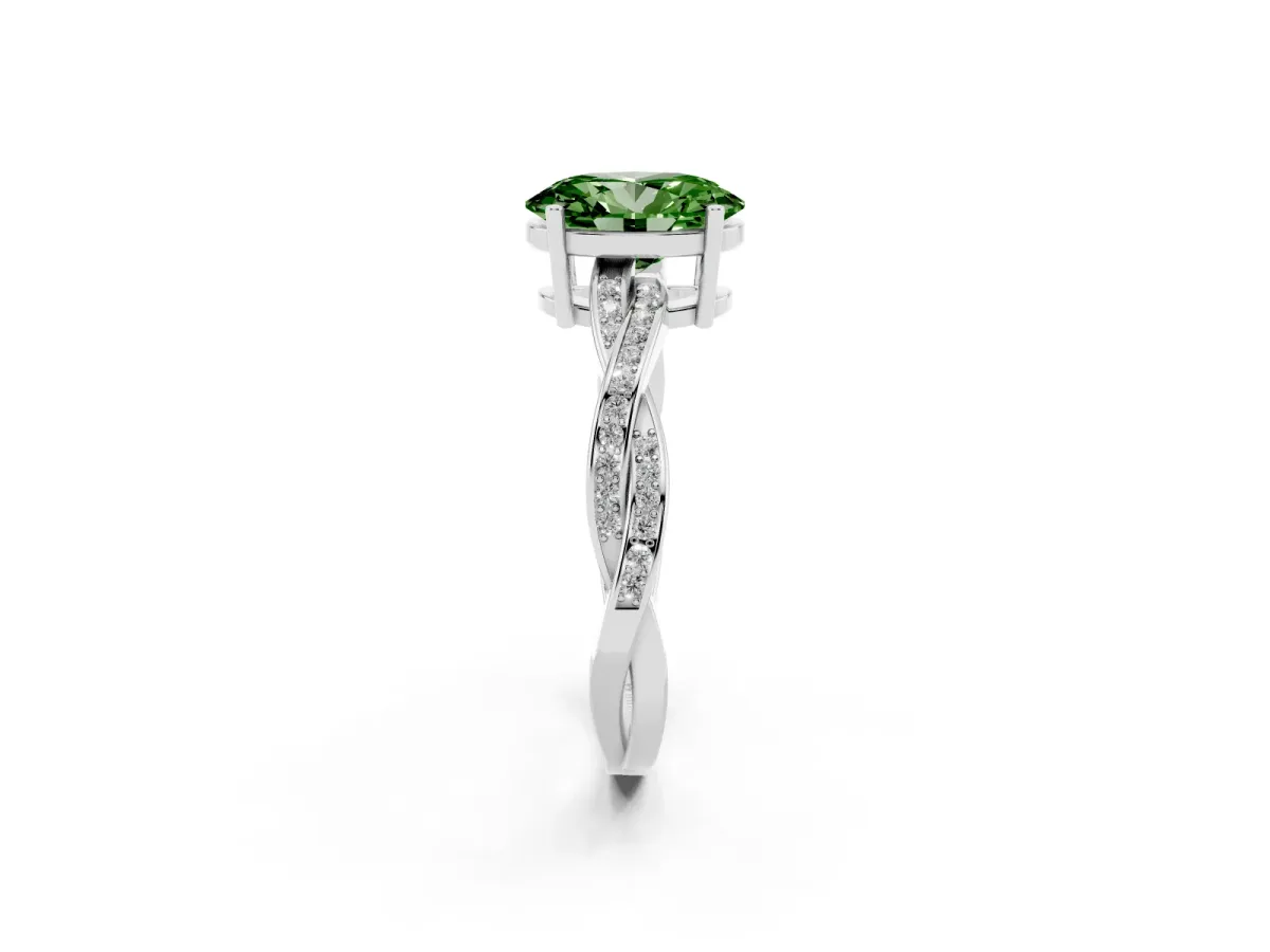 Fancy Green Oval Cut Solitaire Twisted Pave Diamond Ring with Four-Prong Setting Silver