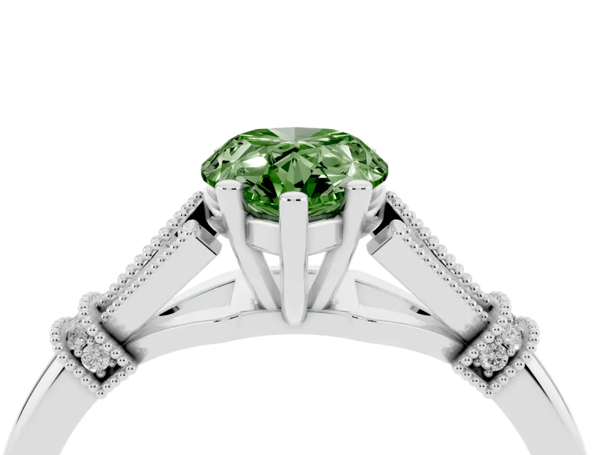 Fancy Green Pear Cut Diamond Solitaire Ring with Floral Filigree and Pave Accents Silver