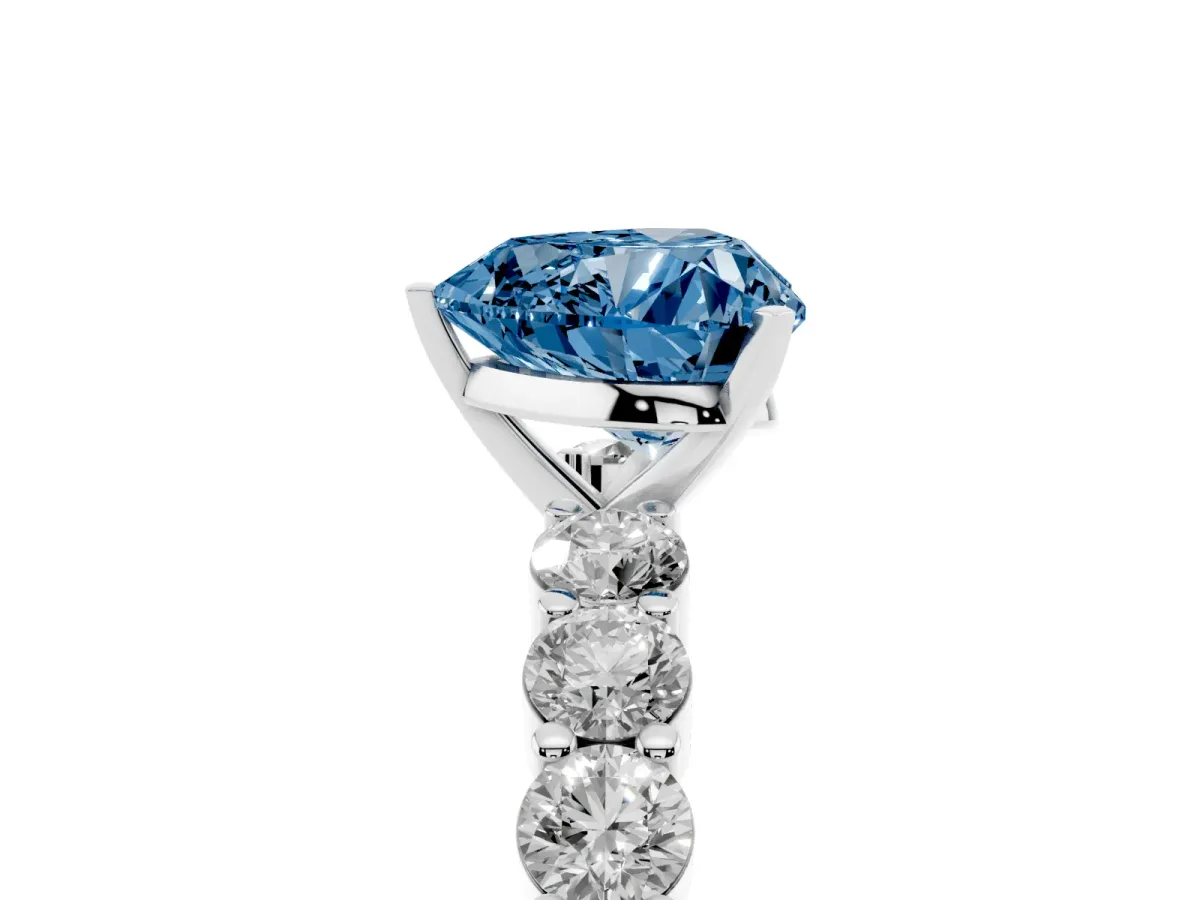 Fancy Blue Heart Cut Diamond Solitaire Ring with Shared Prong Round Side Stones White gold