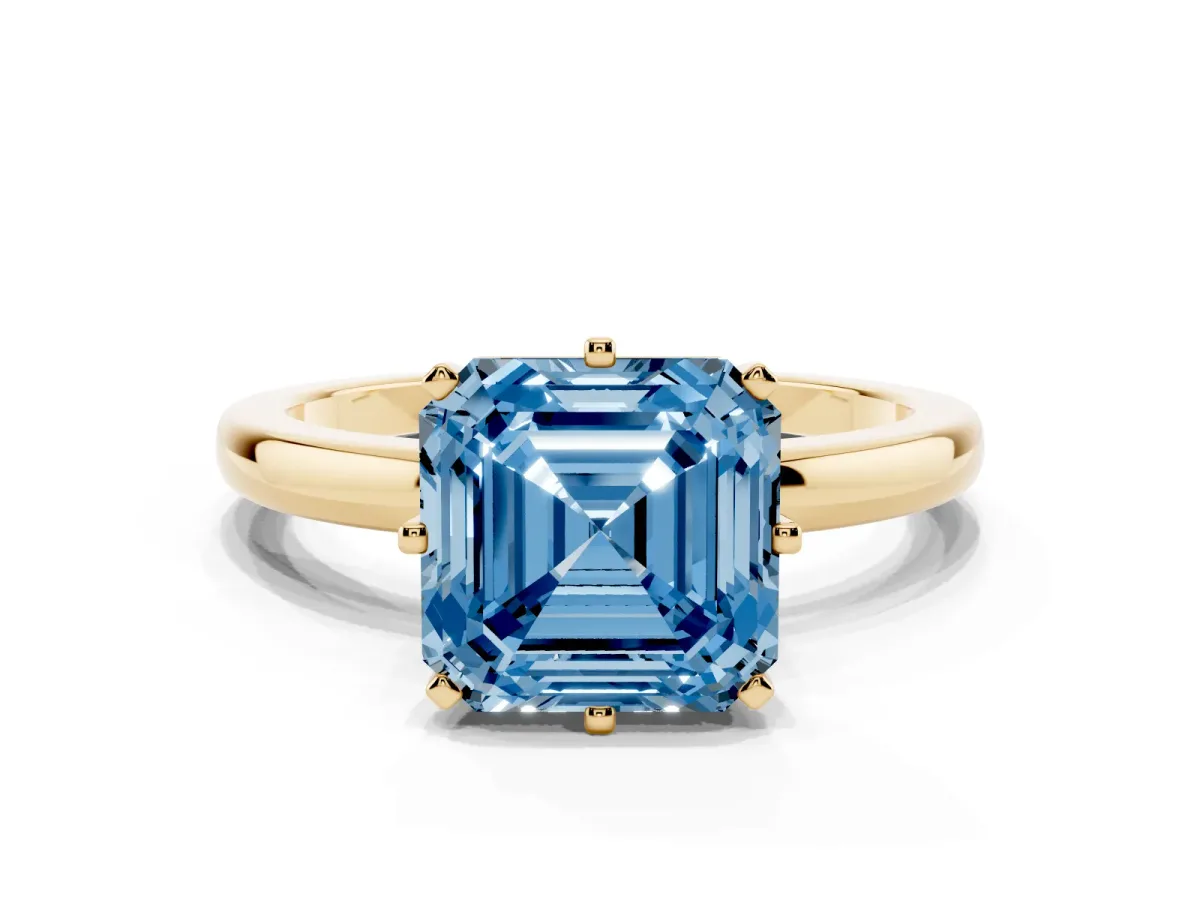 Fancy Blue Asscher Cut Solitaire Diamond Ring with Six-Prong Setting on a Classic Band Yellow gold
