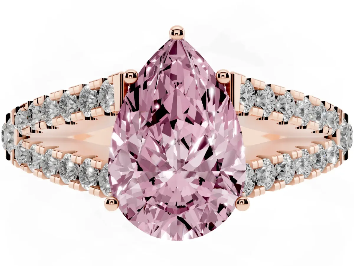 Fancy Pink Pear Cut Diamond Split Shank Engagement Ring with Round Pavé and Prong Setting Rose gold