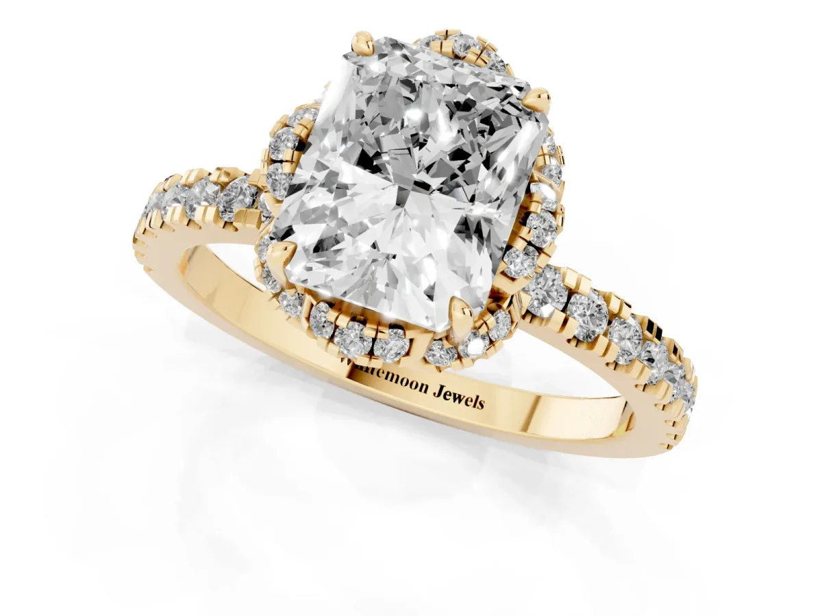 Radiant Cut Diamond Halo Pave Band with Four-Prong Setting Yellow gold