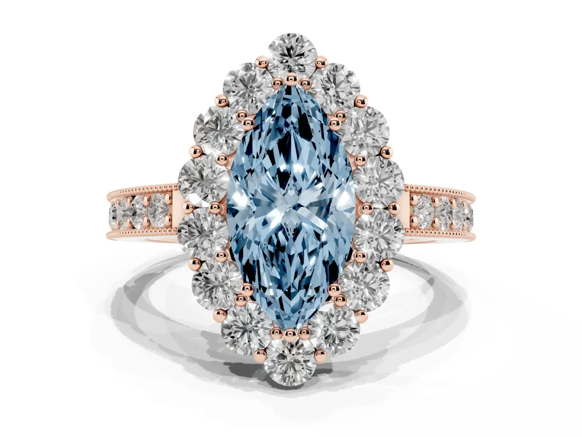 Fancy Blue Marquise Cut Cut Halo Diamond Pavé Engagement Ring with Milgrain Detailing Rose gold