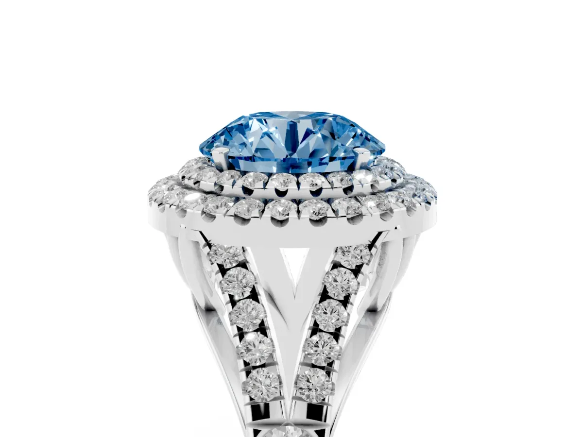Fancy Blue Double Halo Round Cut Diamond Split Shank Engagement Ring with Four-Prong Setting Platinum