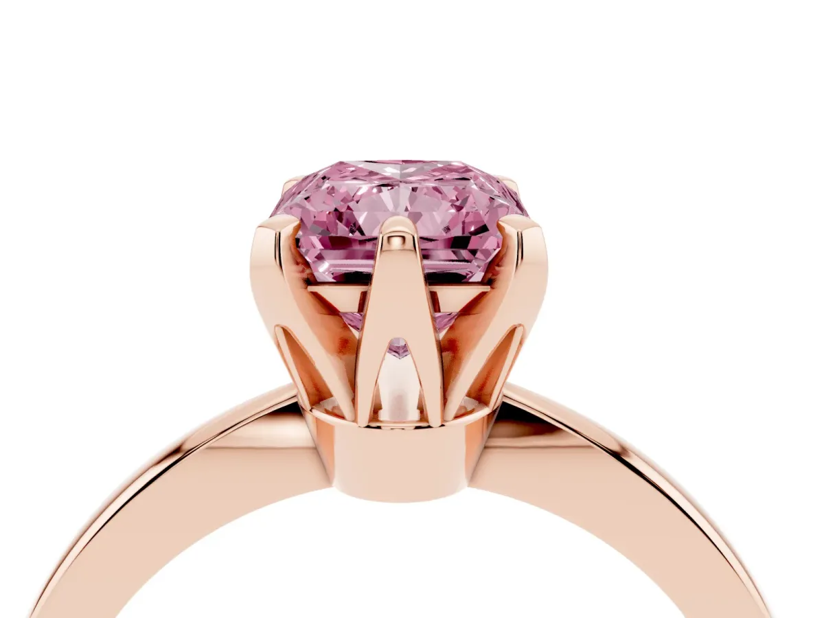 Fancy Pink Radiant Cut Solitaire Engagement Ring with Six-Prong Setting and Tapered Band Rose gold
