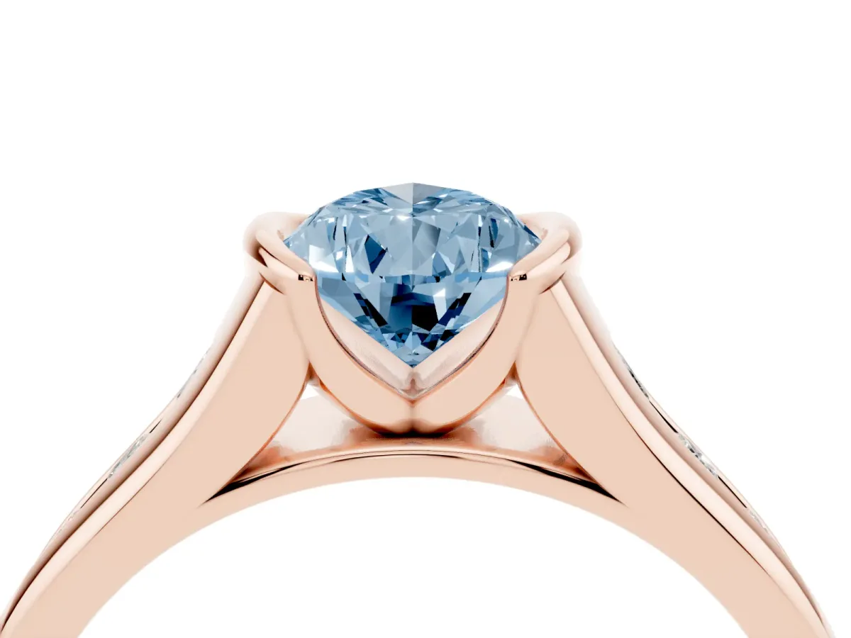 Fancy Blue Pear Cut Solitaire Bezel-Set Diamond Ring with Channel-Set Band Rose gold