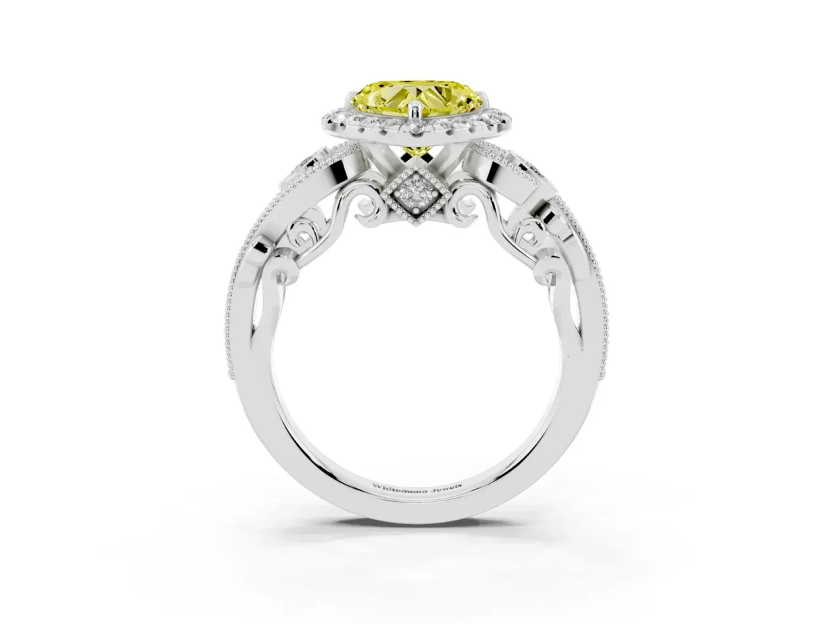 Fancy Yellow Heart Cut Halo Diamond Ring with Milgrain and Bezel Accents on a Split Shank Band Silver