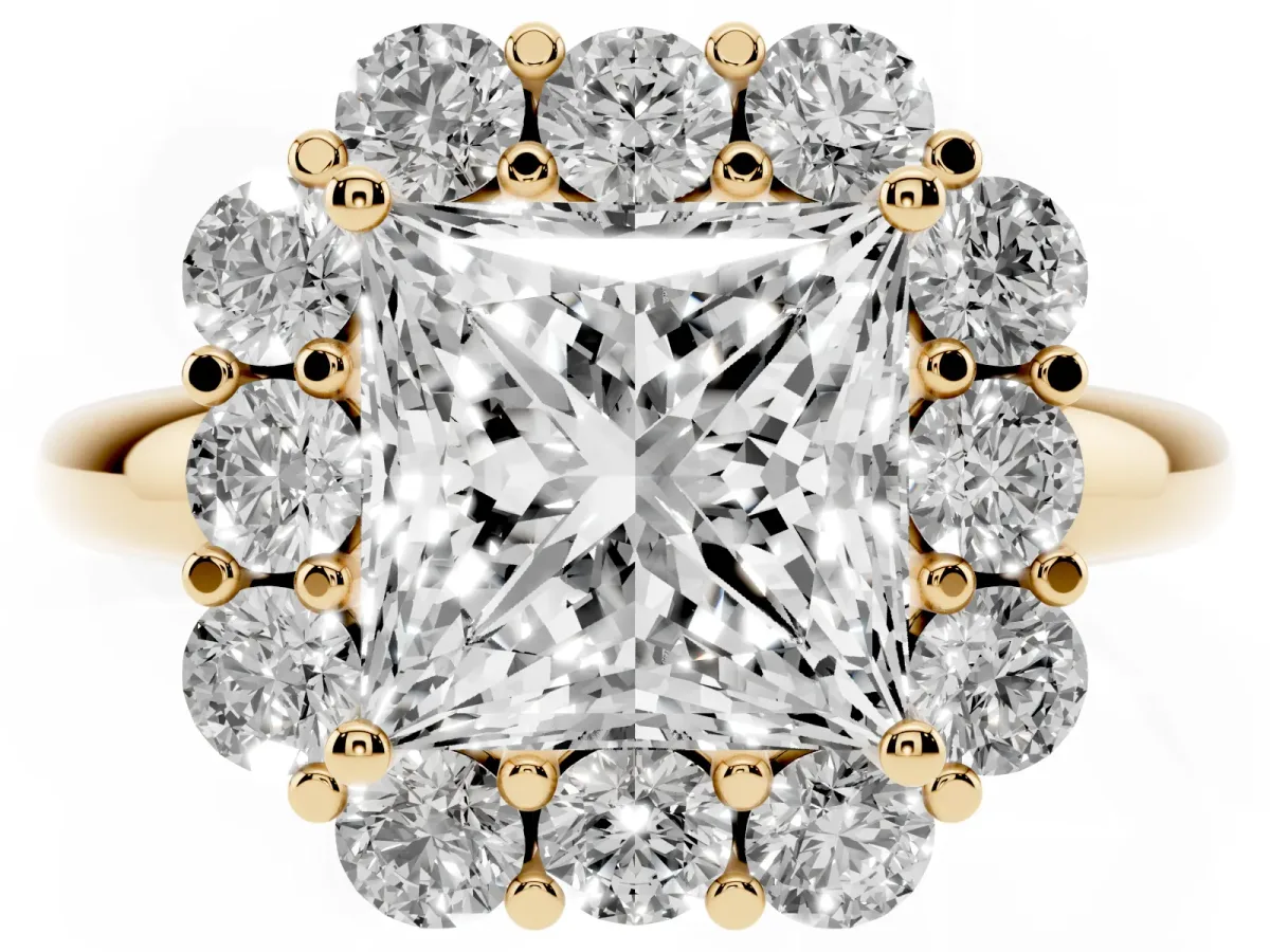 Princess Cut Halo Milgrain Solitaire with Bezel Set Side Stones and Pave Band Yellow gold