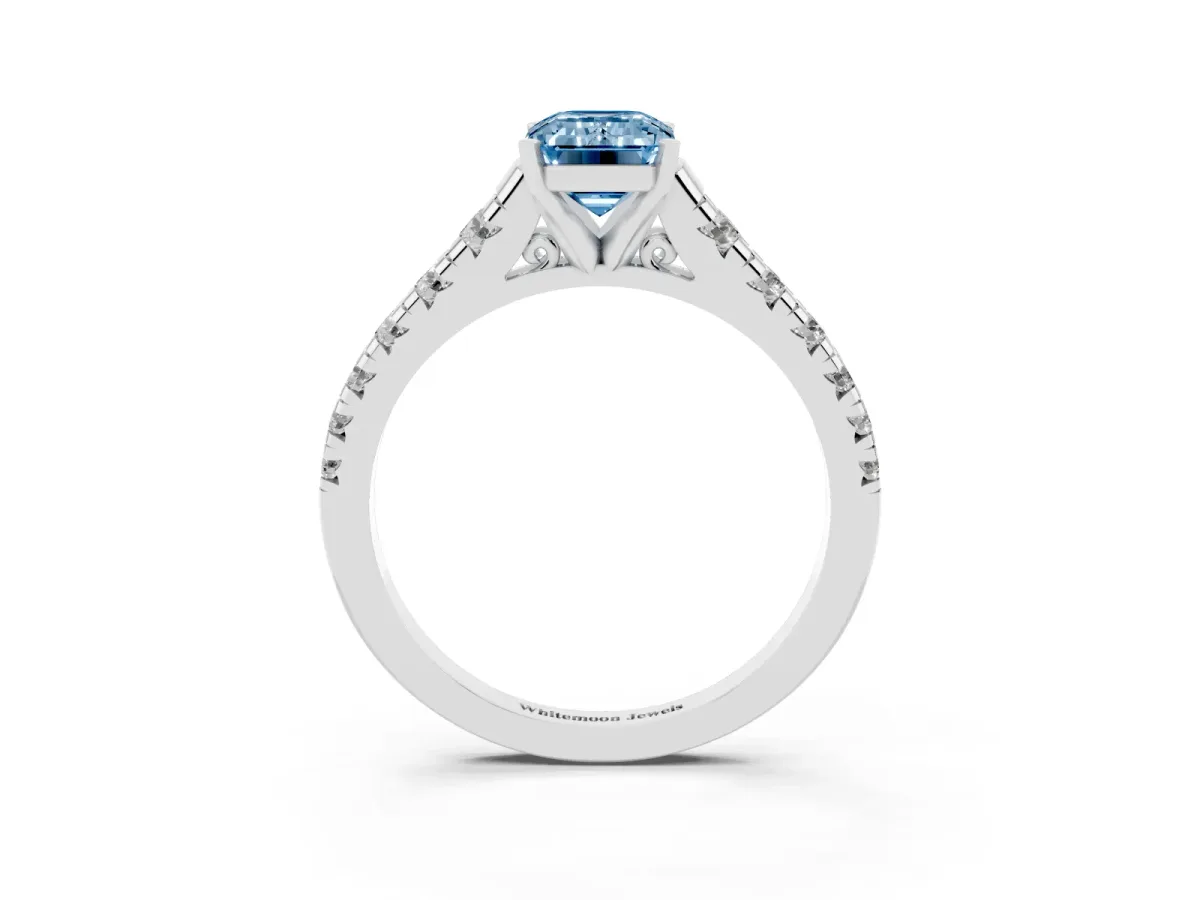 Fancy Blue Emerald Cut Diamond Cathedral Solitaire Ring with Round Pavé Band Silver