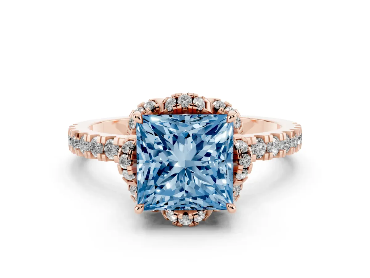 Fancy Blue Princess Cut Diamond Halo Pave Band with Four-Prong Setting Rose gold