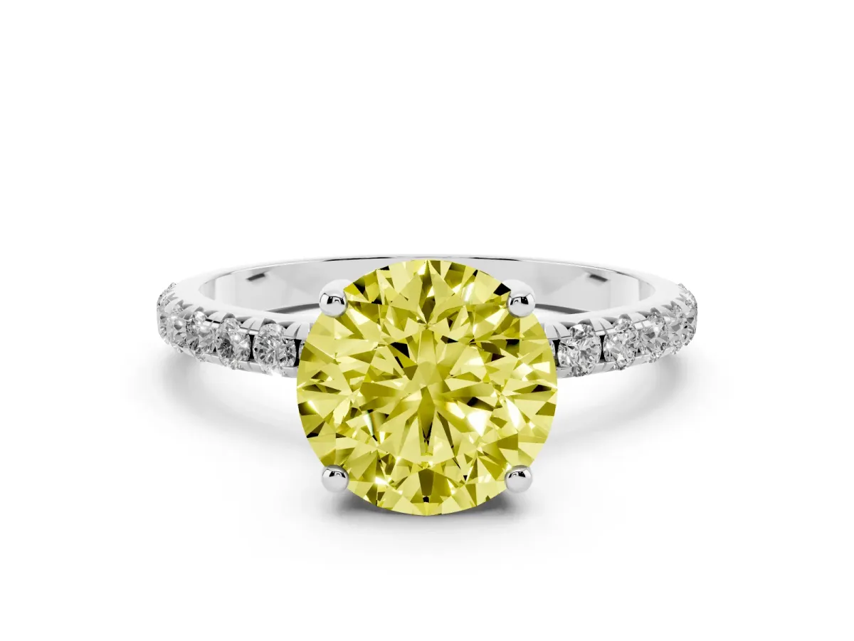 Fancy Yellow Round Cut Cut Diamond Solitaire Ring with Micro Pave Band and Four Prong Setting Platinum