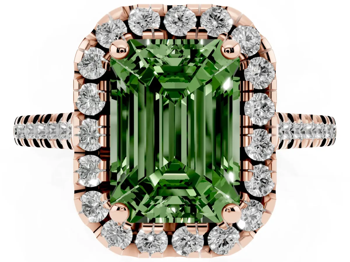 Fancy Green Emerald Cut Diamond Cushion Halo Ring with Pavé Band Rose gold