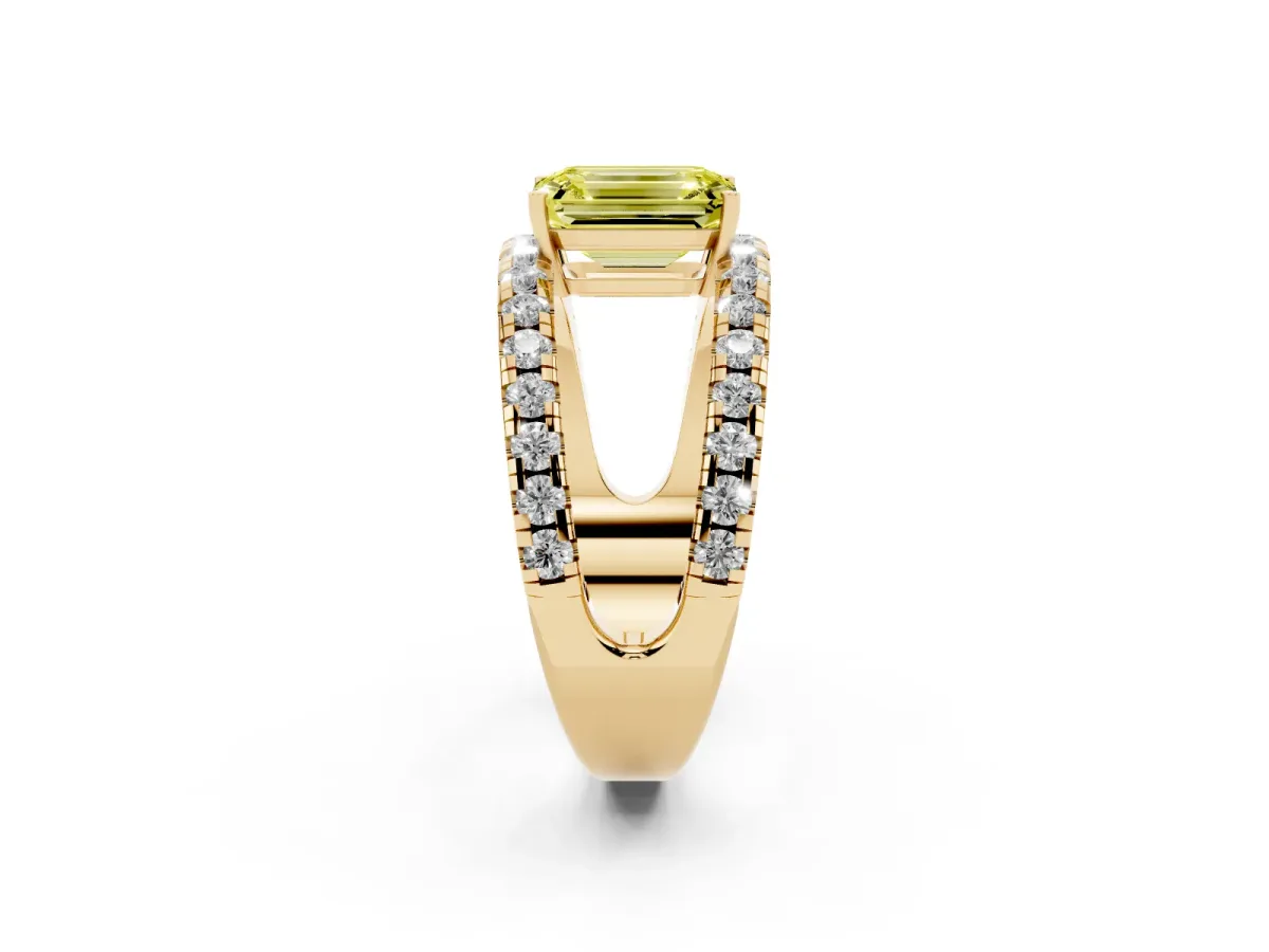 Fancy Yellow Emerald Cut Solitaire Split Shank Pave Diamond Ring Yellow gold