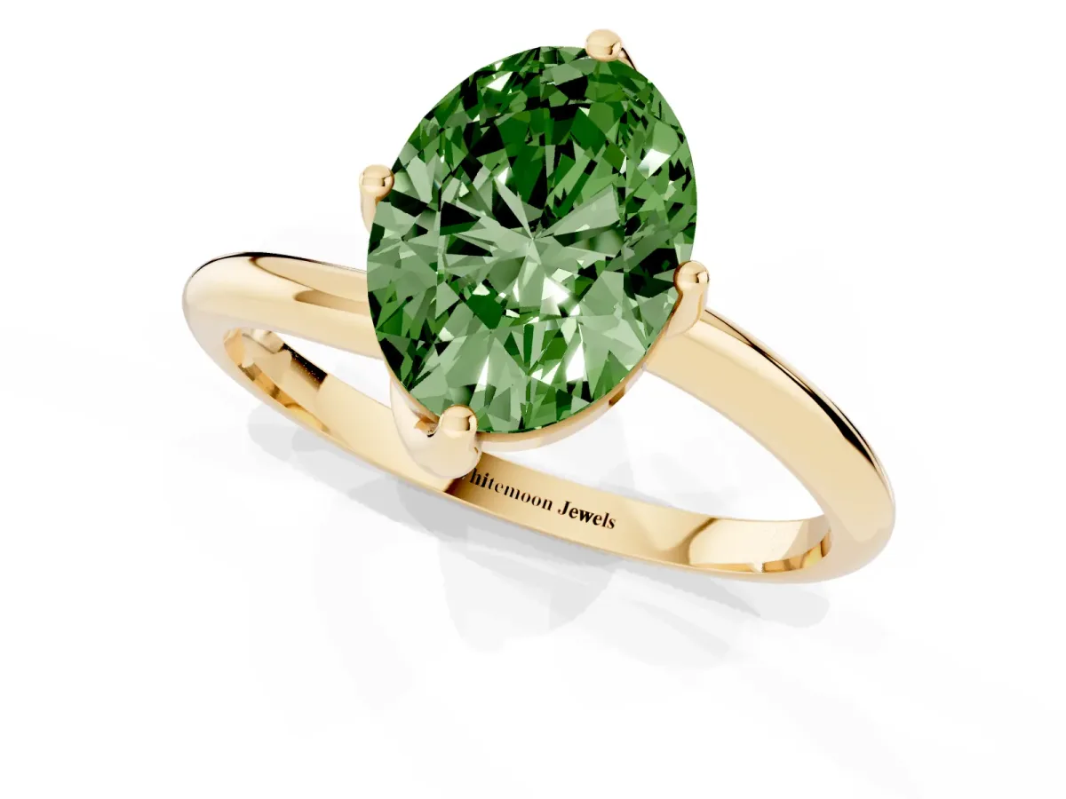 Fancy Green Oval Cut Diamond Solitaire Engagement Ring with Four-Prong Setting and Classic Band Yellow gold
