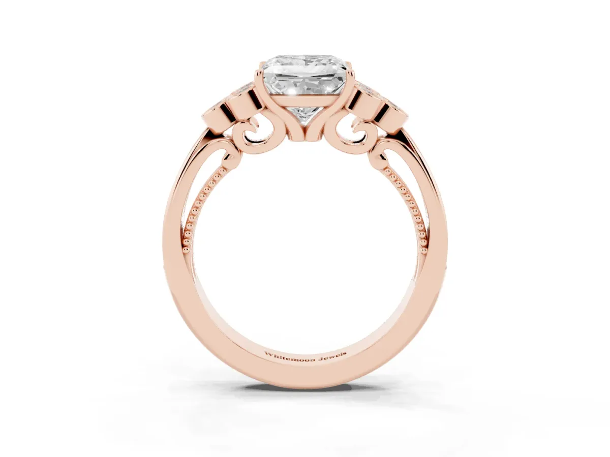 Princess Cut Cut Diamond Engagement Ring with Bezel Set Round Side Stones and Prong Setting Rose gold