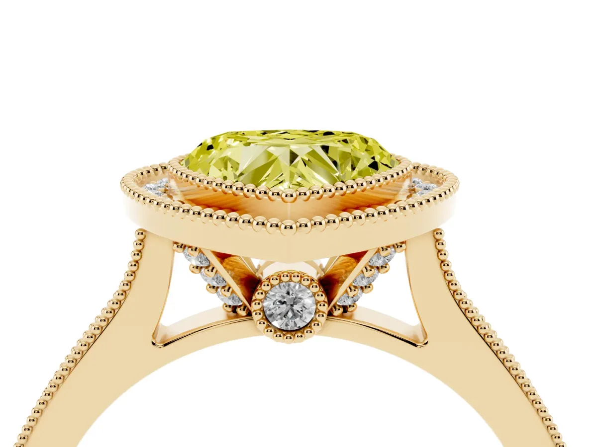 Fancy Yellow Halo Heart Cut-Cut Diamond Pave Band Milgrain Prong Setting Ring Yellow gold